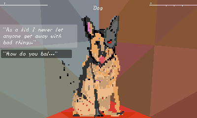 A cybernetically enhanced dog sitting in a corner of the elevator.
The player has several options when talking to it, some of which are
cut off, to save screen space.