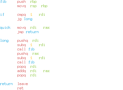 Example of the recursive Fibonacci function in x86, with
comments.