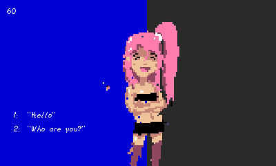 A lightly-clothed girl, with pink ponytail stands in front of a blue
and black background.